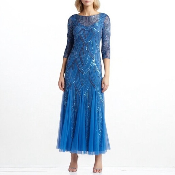 🌻NEW w.tag Pisarro Nights Illusion Sleeve Beaded A-Line Gown Size 2 {{flaw}} - Picture 1 of 15